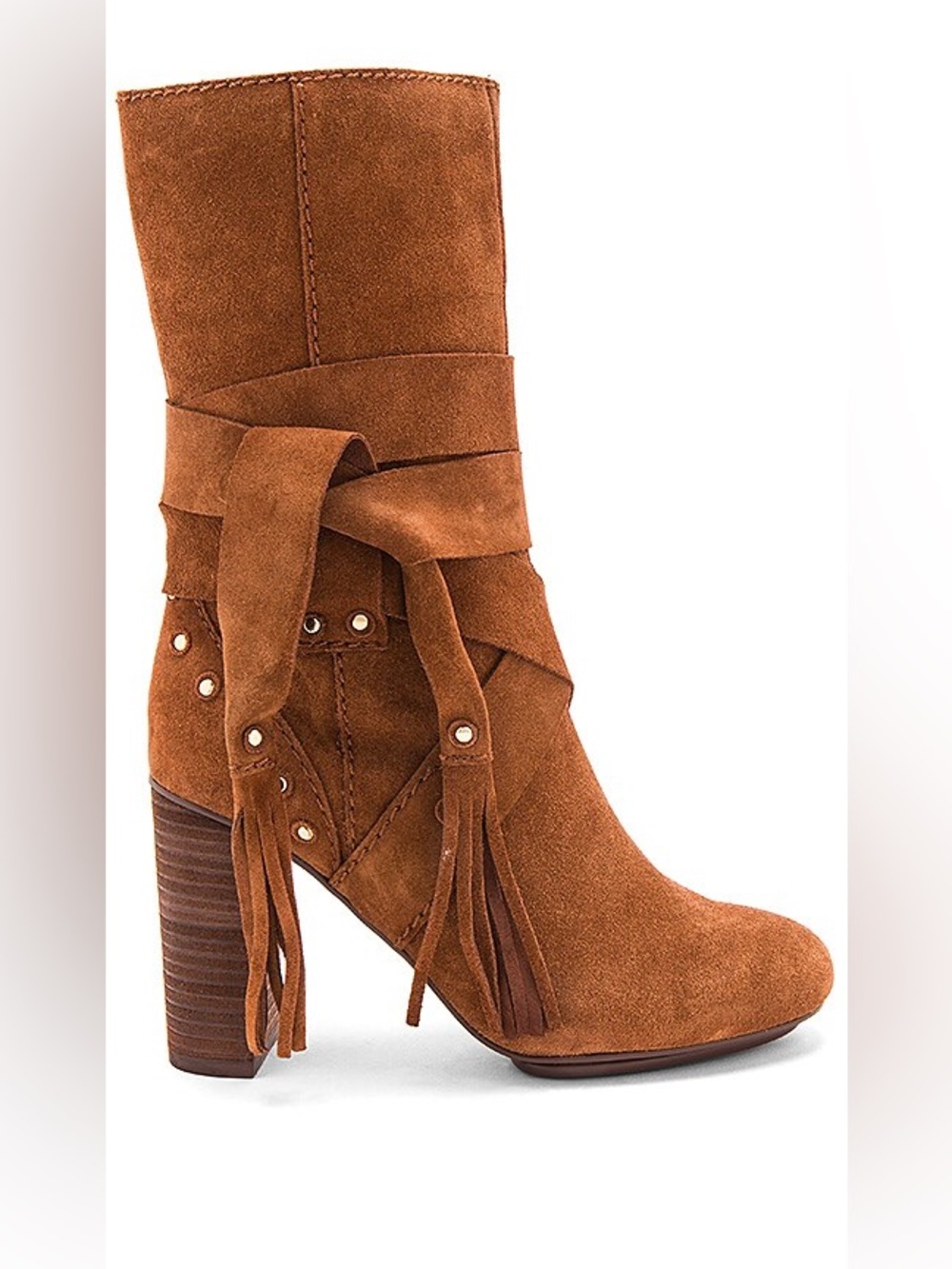 See By Chloe Chestnut Suede Fringe Wrap Mid-Calf Boot